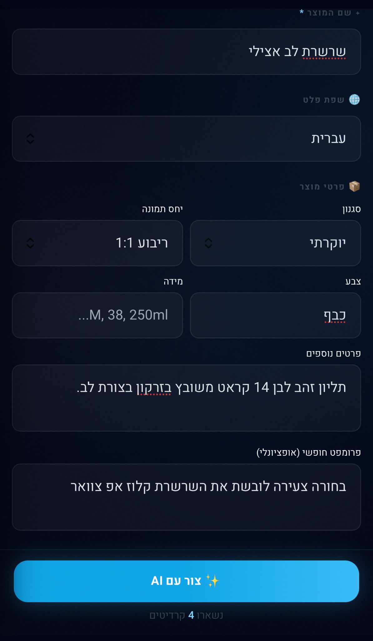 שלב 2 — פרטי מוצר ופרומפט