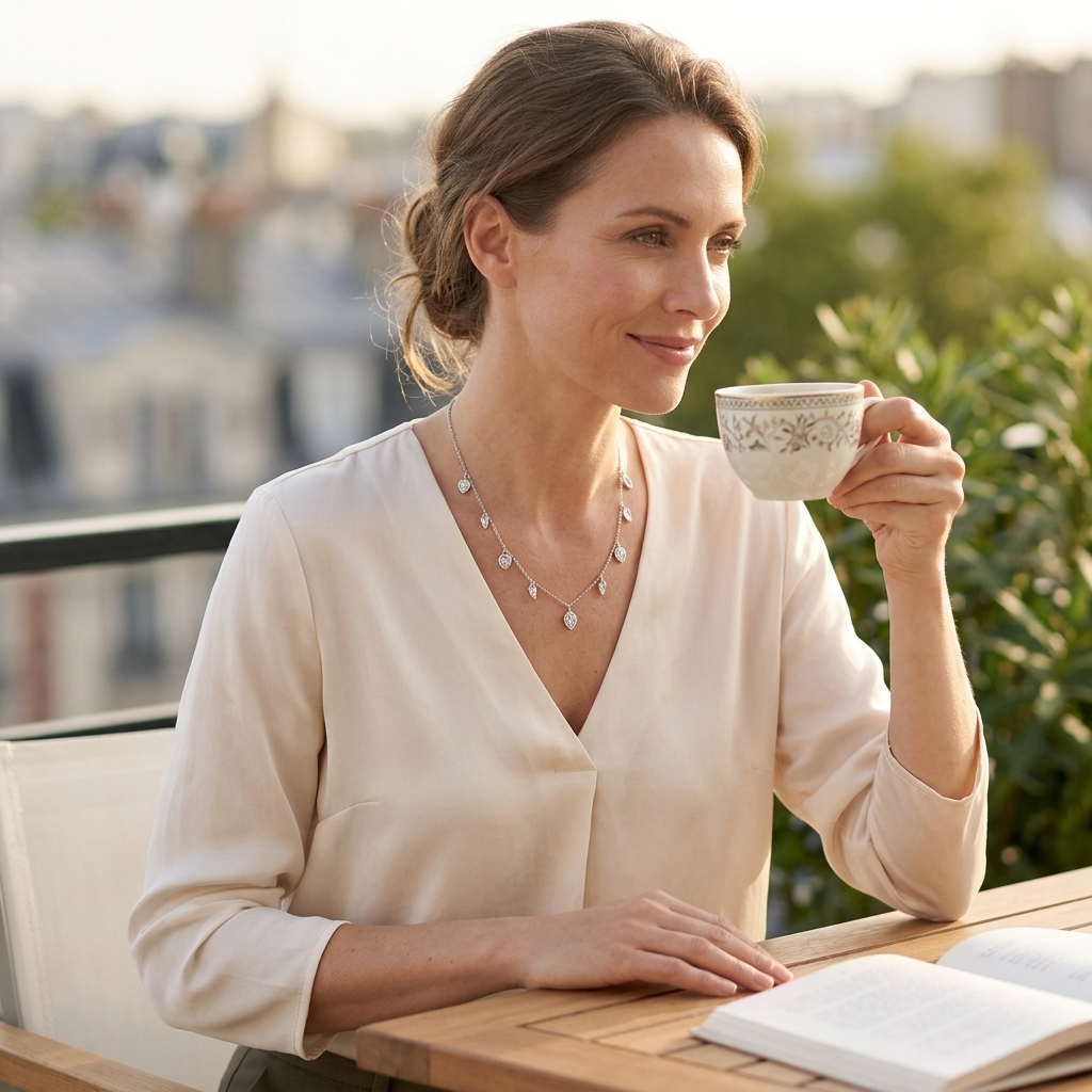 אחרי — שרשרת יהלומים על אישה אלגנטית