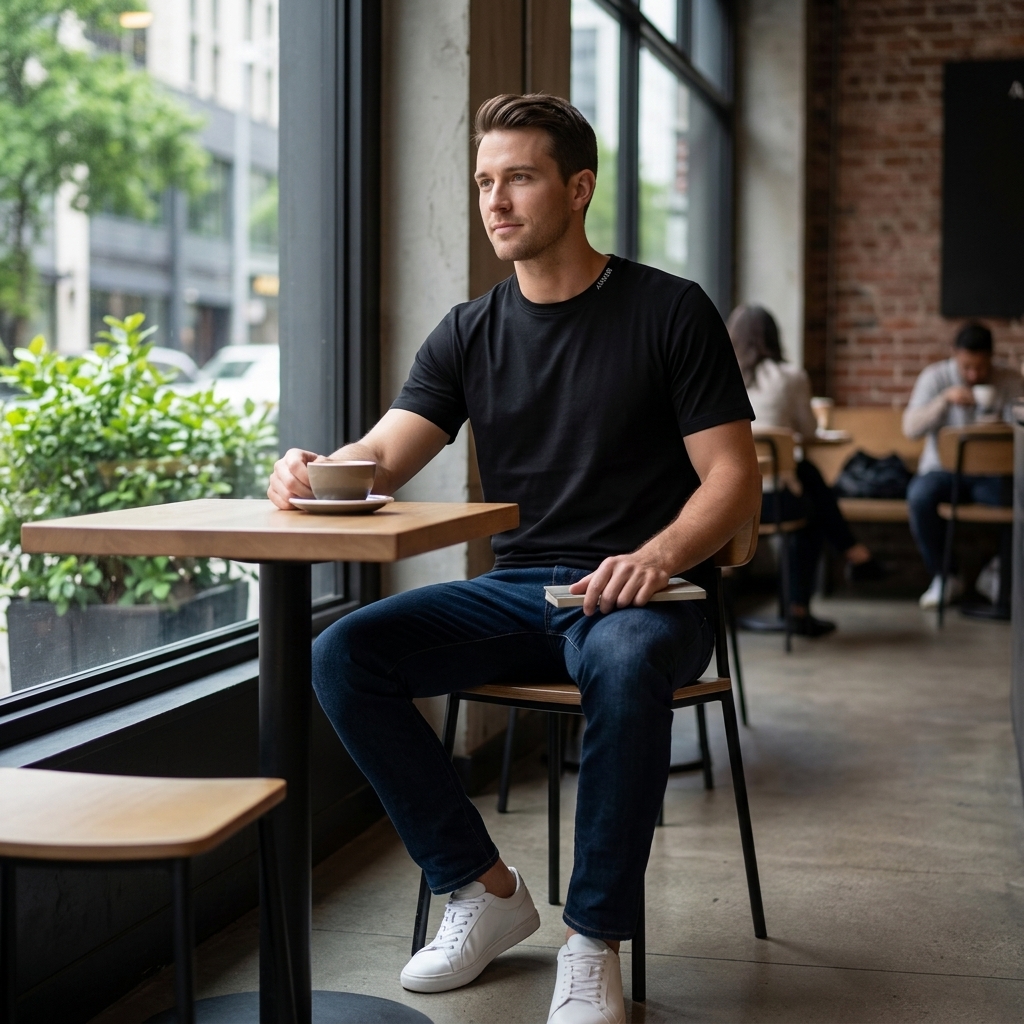 אחרי — בחור עם חולצה שחורה בבית קפה