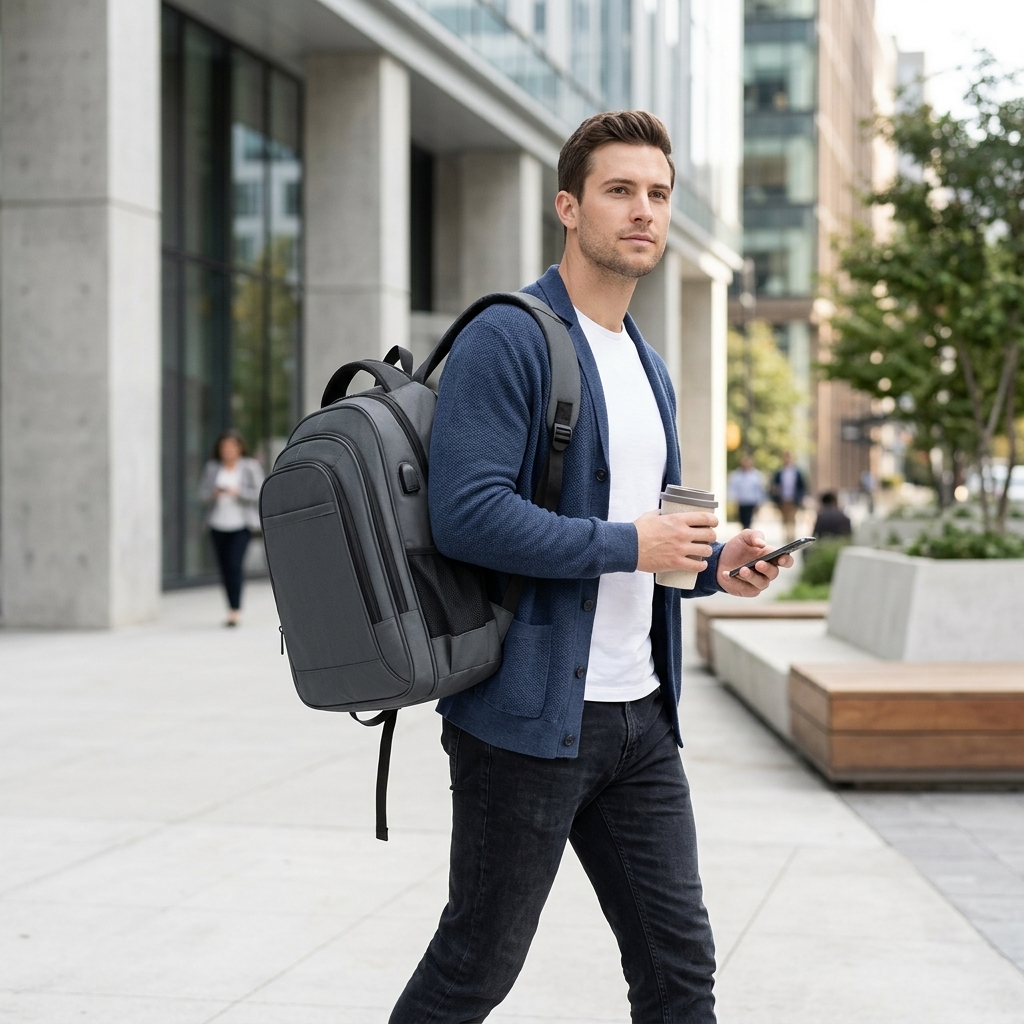 אחרי — בחור עם תיק גב ברחוב